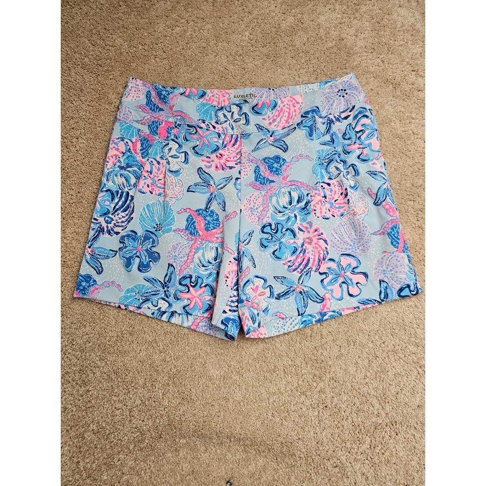 Lilly Pulitzer UPF 50+ Luxletic Cabrera Starfish Shell Print Shorts Blue Pink 16